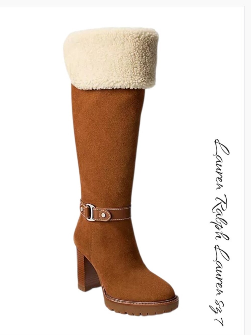 Lauren Ralph Lauren Tasha Suede Shearling Tall Knee High Heel Boot Tan 7 New